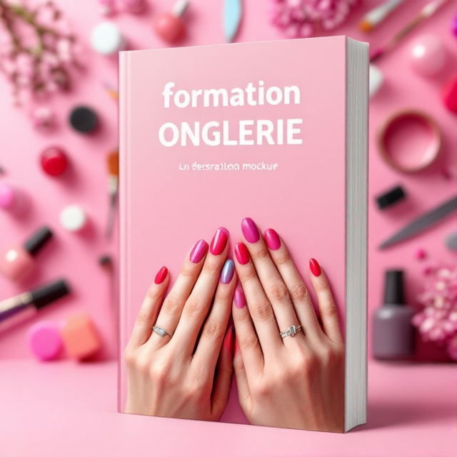 A close-up of beautifully manicured hands with vibrant nail art as the focal point. Around the hands, various nail tools like brushes, files, and bottles of polish are artistically arranged. The background is a soft gradient of pinks, giving a clean and polished look.