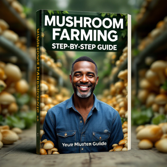 The cover features a realistic 3D-rendered illustration of a smiling Kenyan farmer at the center surrounded by shelves of oyster mushrooms on both sides. The farmer is dressed in a blue shirt, looking directly at the viewer, creating an inviting and trustworthy aura. The background is a mix of green and yellow hues, subtly representing an agricultural setting.