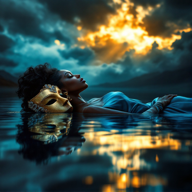 A striking image of a beautiful Black woman in profile view, gracefully lying atop mirror-like water, wearing an elegant azure blue silk dress. Her reflection in the water features an ornate gold Venetian mask with diamond accents. Dark, stormy clouds fill the sky, contrasting with golden sunbeams that illuminate her silhouette and cast a warm glow across the water.