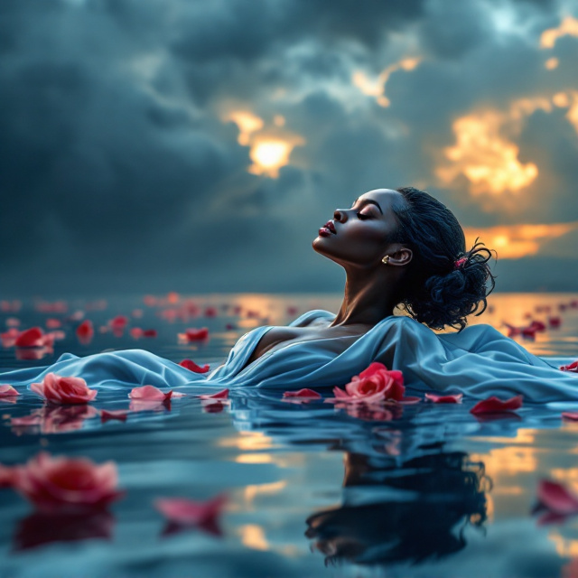 A striking portrait of a beautiful Black woman in profile view, gracefully lying atop a mirror-like water surface. She wears a flowing baby blue silk dress that ripples across the water like liquid poetry. Her skin has a radiant glow enhanced by high-fashion makeup. The surface of the water reflects her image and the dramatic storm clouds above. Pink and deep red rose petals float organically across the water, some clustering near her dress’s flowing fabric. The background reveals imposing storm clouds that break apart to allow golden sunbeams to stream through, casting an ethereal backlight and reflecting warmly on her form.