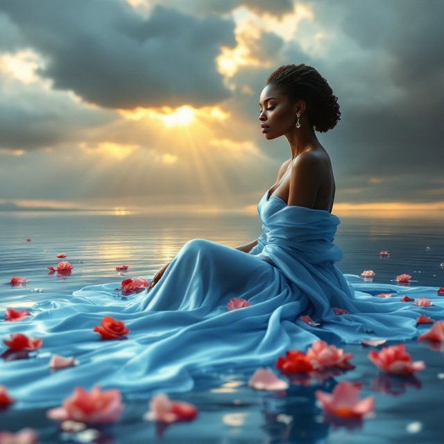 A radiant, graceful image of a beautiful Black woman seated elegantly on mirror-like water dominates the cover. The woman is posed on her right hip, her right arm outstretched and planted on the seamless glassy water surface. Her legs are obscured beneath an opulent flow of cascading baby blue silk, which pools and integrates organically with the surrounding water, echoing natural folds and ripples. Her profile is framed perfectly, her gaze slightly downward with high-fashion makeup enhancing her stunning features. The background displays an electrifying contrast of stormy gray clouds and piercing golden sunbeams breaking through, casting a warm, angelic light on her silhouette. Scattered rose petals in hues of pink and deep red subtly adorn the water surface, their organic placement capturing the feeling of vulnerability and healing. The golden light adds an air of serenity, balancing the storm clouds' visual tension with peace and solace.