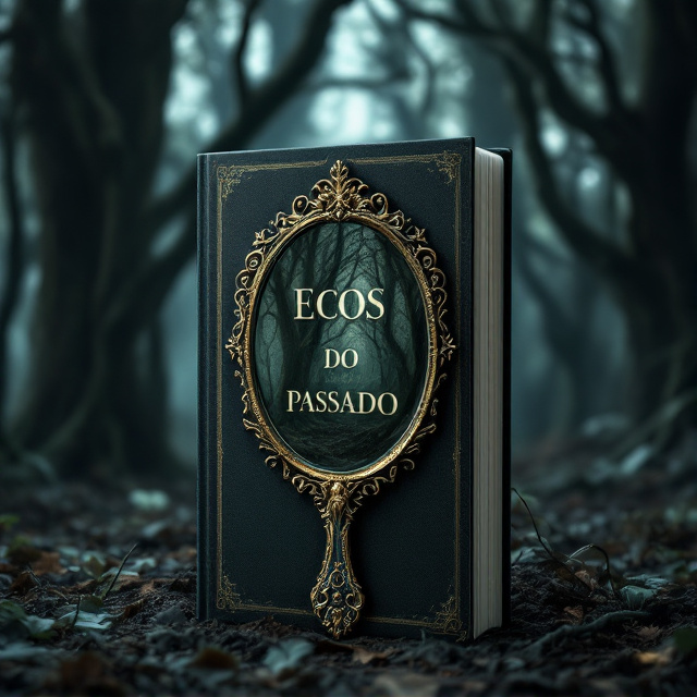A dense forest sets the background, with intertwined, shadowy trees that create an aura of mystery. In the foreground, an ornate, vintage hand mirror glimmers subtly, symbolizing envy. The mirror reflects a distorted image of the forest, adding an additional layer of intrigue and suspense.