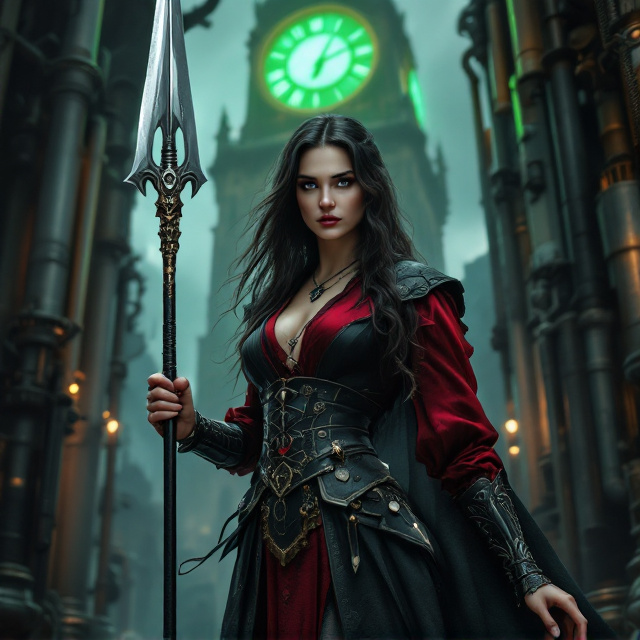Isabella stands boldly at the center, her figure strikingly set against a backdrop of towering Arcadia. The rich black waistcoat and deep red blouse contrast with the glowing green light from the Crown Tower's clock above. Her pike halberd, detailed with intricate engravings, is held firmly, leading the viewer’s eye into the gothic and steampunk fusion of the background where pipes and gears subtly emerge from the shadows. The silver of her eyes is mirrored in the metallic hues of the industrial features around her.
