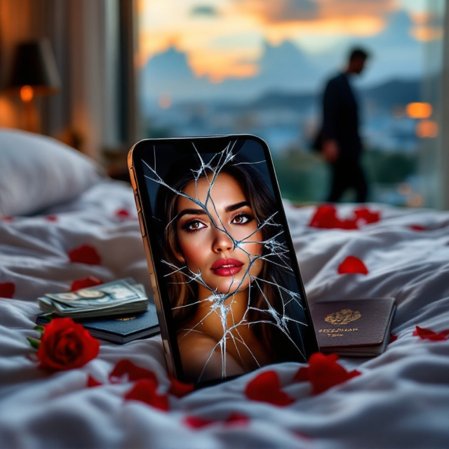The foreground features a shattered smartphone screen laid diagonally across a plush hotel bed. The screen shows a faint outline of a deleted social media profile. In the cracked glass, tear-filled eyes of a Latina woman are reflected amidst the fragments. Scattered around the phone are luxury items—a partially visible passport, a stack of money, and a single red rose with petals subtly cascading down. The background is artistically blurred to showcase the vibrant Colombian skyline at sunset, with the silhouette of a man walking away, adding an air of mystery.