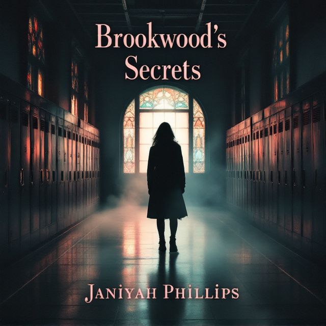 A shadowy figure standing at the intersection of two dimly lit hallways at Brookwood High, with lockers lined up on either side. Dim, warm lighting filters through stained-glass windows casting colorful reflections on the floors, suggesting both romance and fantasy. Creeping tendrils of fog snake across the lower half of the cover, creating an air of mystery and suspense.