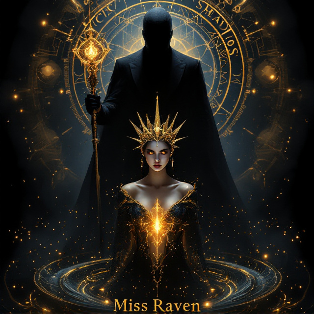The cover depicts a tall, enigmatic figure in an elegant suit at the backdrop amidst deep shadows. His appearance is cryptic, with his face hidden, casting an air of mystique. He clutches a luminous magical staff, symbolizing his formidable power. Meanwhile, in the foreground, a mysterious woman with a majestic golden spiked crown emerges from the swirling dark essence below, radiating magical allure with her glowing eyes and the ethereal light emanating from her chest. The elaborate background is adorned with celestial, alchemical circular designs, intertwining with golden orbs. The dynamic lighting features a stark contrast of black and radiant golden hues.
