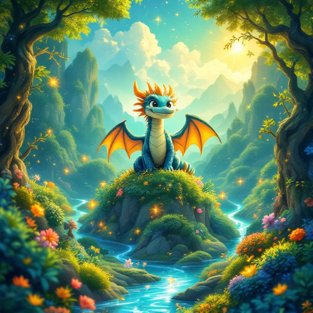 A vibrant, enchanting landscape depicting a whimsical forest filled with luminescent, magical creatures. The central focus is a majestic, smiling dragon perched on a hill, surrounded by sparkling valleys and flowing rivers under a bright, clear sky. The colors are bright and saturated, featuring shades of green, blue, and gold, evoking a joyful fantasy world.
