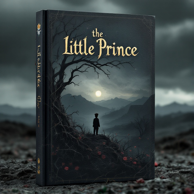 A shadowy, barren landscape under an overcast sky dominates the cover, with a twisted, old rose bush in the foreground. Thorns drape across the title, while the silhouette of a boy with a crown slips into the dark horizon, seemingly haunted by ghostly eyes peering from the shadows. The color palette is dark with muted grays and faded reds, creating an eerie, melancholic atmosphere.
