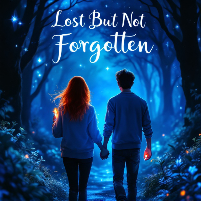 The cover features the backs of two teenagers walking in a fantastical forest bathed in a midnight blue hue resembling Pandora from Avatar. The girl, with vibrant orange hair, holds a flickering flame in her left hand. The boy, possessing deep brown hair, gracefully holds a sphere of shimmering water in his right hand, both casting a gentle glow on their surroundings. The forest is a mystical blend of luminous flora and towering trees, with soft light emanating from the ground. The scene is set at night, with a star-filled sky visible through the trees, enhancing the magical aura.