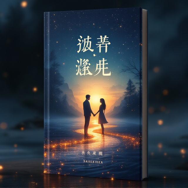 The cover features an ethereal landscape with a twilight sky transitioning from deep blue to soft amber. In the foreground, the silhouettes of the male and female protagonists can be seen, standing apart but facing each other across a mysterious, glowing river. Gentle waves create a shimmering path between them, symbolizing their unreachable bond. The atmosphere is filled with swirling embers, adding a mystical and melancholic tone.