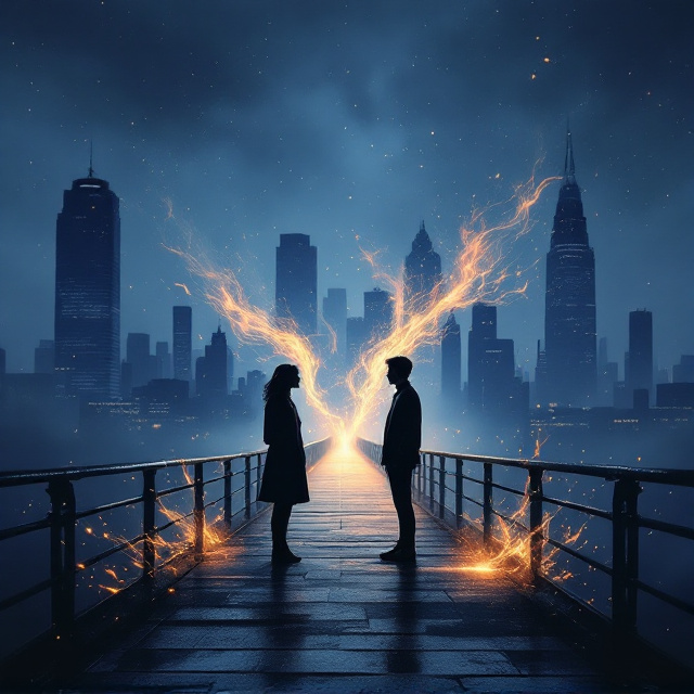 A melancholic, futuristic cityscape under a twilight sky serves as the backdrop. Silhouettes of two figures stand at opposite ends of a narrow bridge, gazing intently at each other with a palpable sense of longing and heartache. Ethereal wisps of ash and fire swirl between them, symbolizing their burning love and inevitable separation. The skyline is faintly obscured by mist, enhancing the overall sadness.