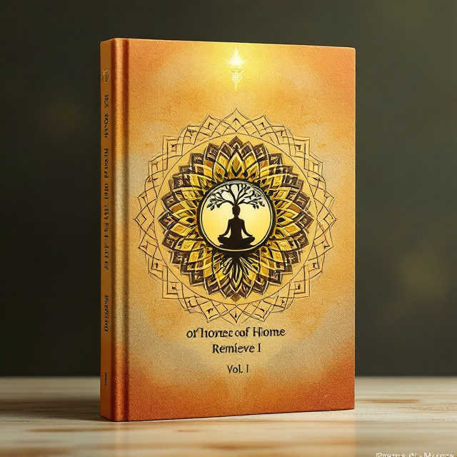 The cover features a circular mandala at its center, radiating intricate patterns of turmeric roots, ginger, neem leaves, and cloves. The mandala’s inner core showcases a tree of life with roots blending into a Hamsa/Yoni mudra. Lotus petals surround the tree, accentuated by soft, wavy pranayama breath lines. A minimalist silhouette of a yogi meditating in Sukhasana sits slightly overlaid on the mandala, creating depth. Household symbols like a mortar-pestle and herbal teacup are positioned in the four corners, tying the theme to home remedies. The textured background resembles handmade paper with faint, Sanskrit shlokas lightly visible to add cultural depth. The design is balanced with a warm burnt orange (#A85D2B) as the base color, complemented by soft gradients of sage green, saffron, and cream accents.