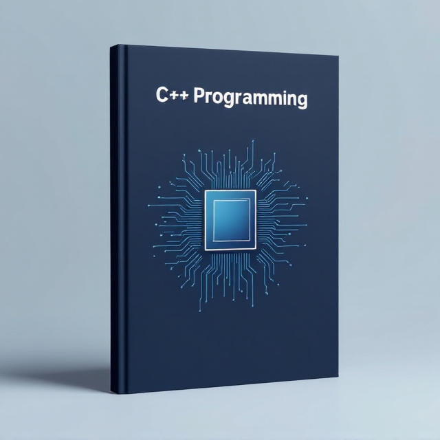 The cover features a minimalist design with a solid background color - a deep navy blue. A large, central illustration of a computer chip sits in the middle, exuding a technical feel. Subtle, circuit-like patterns extend from the chip towards the edges. The title "C++ Programming" is prominently placed above the illustration with fine lines running horizontally beneath it.