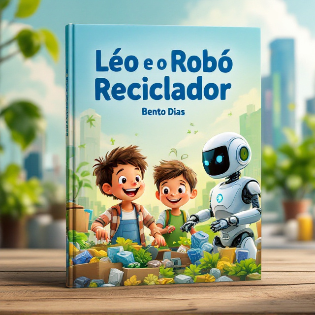 A vibrant scene showcasing a cheerful boy and his mother in a futuristic setting, where they're actively sorting recyclable materials. A sleek, friendly robot stands beside them, assisting in the recycling process with outstretched mechanical arms. The background features a cityscape with hints of greenery and futuristic elements, all painted in vivid shades of green and blue. The atmosphere suggests movement and excitement, capturing their enthusiasm and teamwork in recycling.
