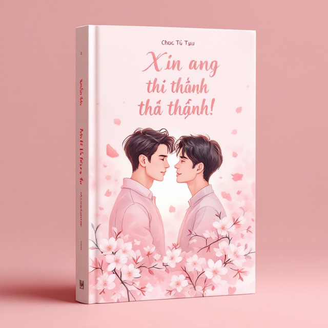 Two young men are illustrated in a soft, watercolor-like style, gently entwined amidst a backdrop of cherry blossom petals. They are positioned slightly off-center to the right, symbolizing the tender and blossoming love between them. The light pink hue dominates the cover, exuding a sense of warmth and sweetness.