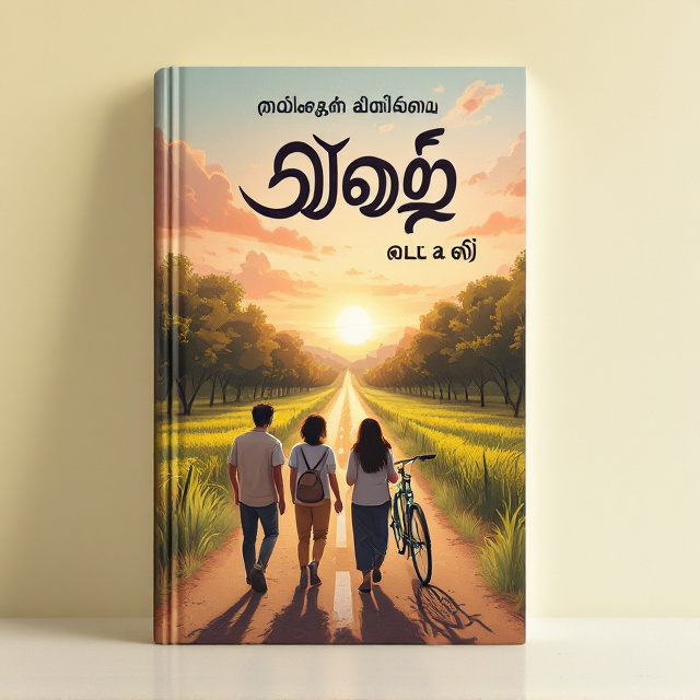 The cover features a scenic illustration of a rural village road stretching into the sunset. In the foreground, three teenagers, depicted from the back, are walking alongside a classic bicycle. Their carefree posture reflects nostalgia. The trees lining the road are lush and green, leading the eyes towards the horizon where the sun emits warm, golden hues signifying the beauty and tranquility of village life.