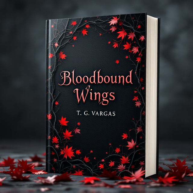 Dark, ominous branches interweave to form a border along the cover's edges, extending into the shadowy blackness of the background. Scattered throughout are vivid blood-red maple leaves, vividly capturing a sense of both vibrancy and foreboding. Subtly appearing amidst the darkness are the ghostly outlines of dragon wings, giving the cover an ethereal, otherworldly presence. This creates a tapestry of suspense and dark beauty, perfectly encapsulating fantasy's allure and mystery.