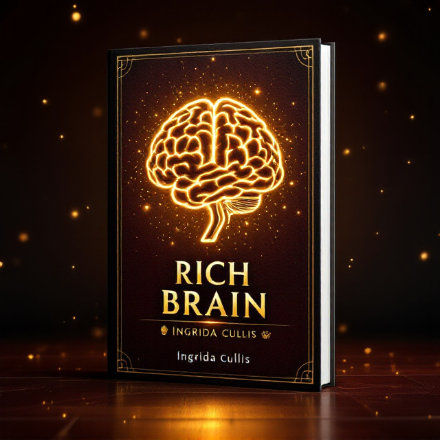 A luxurious, golden brain silhouette as the centerpiece, surrounded by a glowing halo of light particles. The background features a rich leather texture with deep maroon and gold accents, giving a sense of wealth and sophistication. Below the golden brain are small, subtle icons representing growth, education, and success, such as a book, a globe, and a trophy.