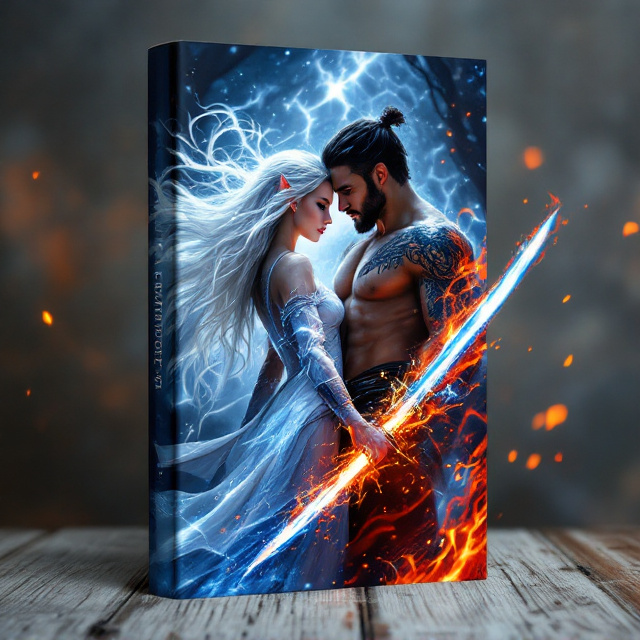 On the cover, an epic scene unfolds with an elf girl standing bravely, her white hair flowing behind her like a bright banner amidst a night of battle. She wields two gleaming swords, crossing them in a defiant dance of ice and fire. Her striking blue eyes pierce through the turmoil, a symbol of cold resolve and warm love. Beside her, a strong man with dark tan skin stands protectively, a tribal tattoo etched on his face, signifying his warrior past. He locks eyes with the girl, their connection evident even on the battlefield. In the background, fiery red and icy blue elements intertwine, embodying their contrasting yet harmonious relationship.