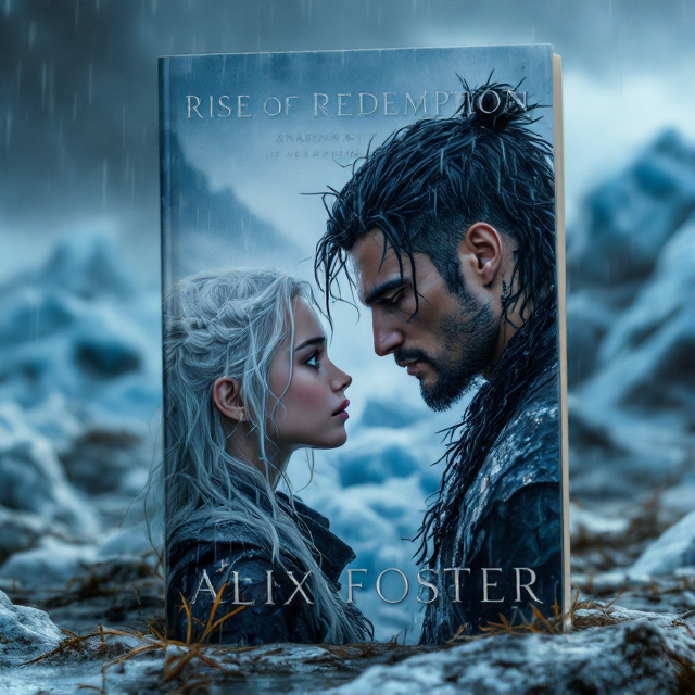 A striking scene showing a girl with white hair and blue eyes staring wistfully at a tall, dark-tan man with jet-black hair and a facial tattoo. Both are drenched from the pouring rain. The background features a vast, icy battlefield with glacial elements and dark, stormy skies. Their expressions convey a mix of longing and resilience.