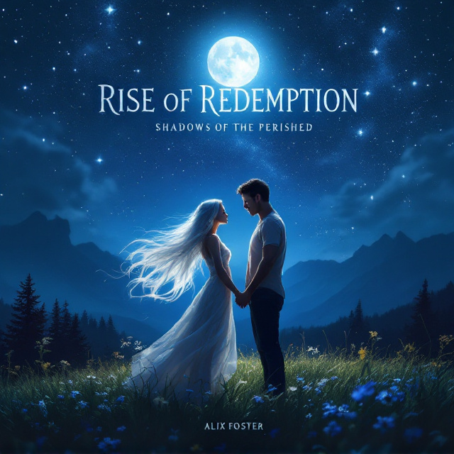 A serene night scene with a couple standing on a grassy hill under a star-filled sky, bathed in moonlight. The girl, with her flowing white hair and vibrant blue eyes, faces the reader holding the gaze of a towering, tan-skinned man with short black hair, both enveloped in a soft glow. The silhouettes of distant mountains frame the background, enhancing the mystical ambiance.