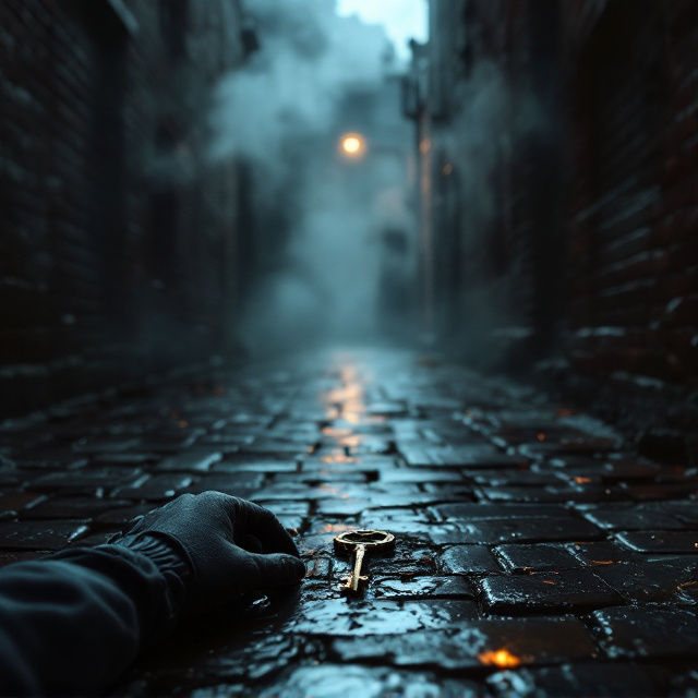 A dimly lit, cobblestone alleyway stretches into the shadowy distance. In the foreground, a gloved hand reaches towards a mysterious, old-fashioned key lying on a damp street. The alley walls are lined with worn brick, suggesting a forgotten, hidden past. Mist hovers around the scene, adding an element of obscurity and intrigue.