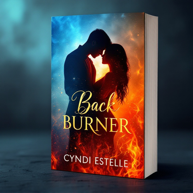 A striking image of a couple silhouetted against a gradient background transitioning from cool blue into fiery orange and red, reminiscent of flames. The couple appears in a passionate embrace, partially faded into the background to create an ethereal, dreamy illusion. Subtle flame motifs flicker around the edges to evoke a sense of heat and desire.
