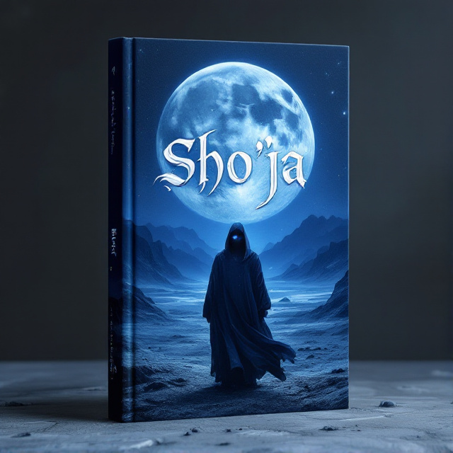 The cover features a vast, barren landscape under a dark blue sky, with two moons in the distance. The larger moon is centrally dominant, casting a mystical light over the terrain. In the foreground stands a shadowy figure dressed in flowing robes, his eyes glowing in an electric blue, evoking both mystery and power. The composition uses a classic fantasy art style, with intricate details and a painterly touch, conveying a sense of epic adventure and cosmic wonder.
