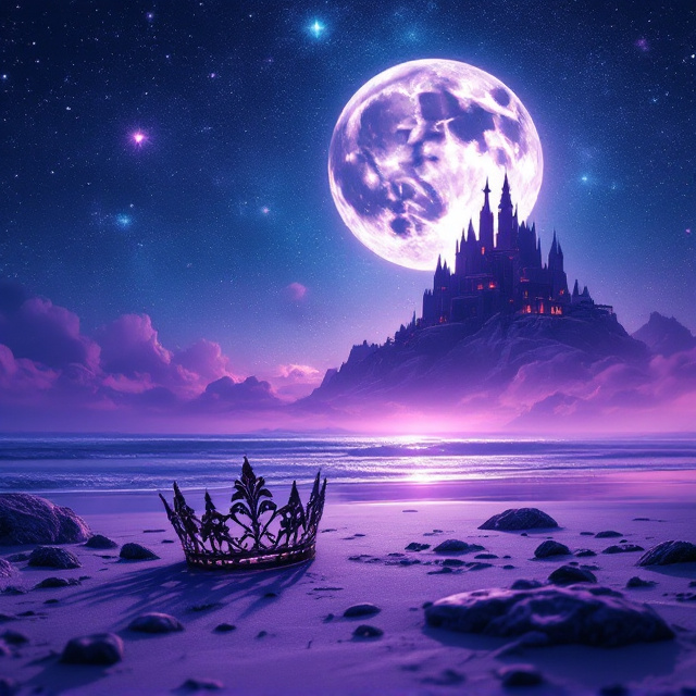 A celestial sky fills the background, glowing with hues of deep blue and speckled with stars, creating a galaxy effect. The purple beach extends across the lower third of the cover, dotted with a few scattered rocks. At the beach's end, a silhouette castle rises mysteriously against the skyline, partially veiled by pinkish clouds. In the foreground, a fallen crown rests among the rocks, catching the light of the full silver moon which looms large and luminous above, casting an ethereal glow on the scene.