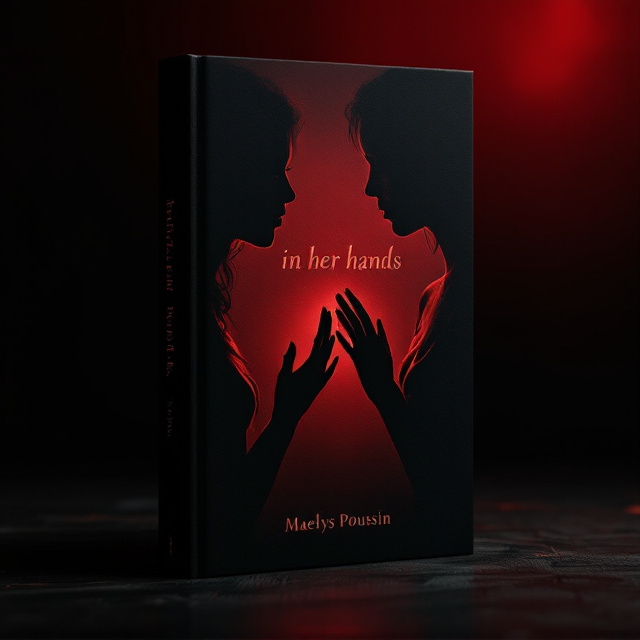 A shadowy, silhouette image on the forefront showcases the two women—teacher and student—standing apart but reaching towards each other with a slight red hue surrounding their hands, symbolizing the complexity and intensity of their emotions. The background is a gradient of deep black to dark red, creating a moody and intense atmosphere. The faces are slightly obscured to add mystery and focus on the hands.
