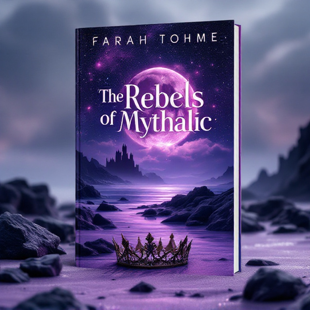 A celestial sky with a swirling galaxy of stars forms the backdrop. The foreground displays a purple beach with jagged rocks scattered along the shore. A fallen crown lays partially submerged in the sand. In the distance, the silhouette of a mystical castle is seen, bathed in the light of a rose-tinted full moon. Pinkish clouds drift across the moon, casting an enchanting glow over the scene.