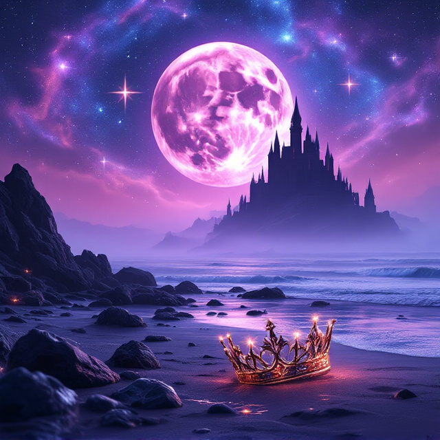 A celestial sky featuring a vivid galaxy background with swirling hues of blue, purple, and pink. A purple beach with jagged rocks scattered along the edge, glimmering faintly under moonlight. A fallen crown rests partially buried in the sands near the foreground, its metallic shine capturing attention. At the horizon stands a large silhouette castle, its gothic turrets and details barely visible in the mist. Above the castle, a mythical rose-colored moon dominates the sky, partially obscured with thin, whimsical pinkish clouds. Subtle glowing stars are scattered across the sky, adding wonder and magic.