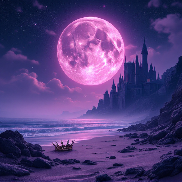 A dark, celestial sky serves as the backdrop, with a majestic pink moon casting a gentle glow. Purple sands and rugged rocks texture the foreground, while the silhouette of a grand castle rises at the far end, shrouded in mystery. A fallen crown, partially buried in the sand, suggests an untold saga. Wispy, pinkish clouds drift across the sky, enhancing the dreamlike atmosphere.