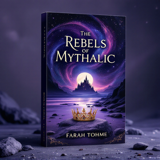 A majestic celestial sky dominates the top half of the cover, featuring swirling galaxies that merge into a vast, star-studded backdrop. Below, a serene purple beach stretches across the middle, its shore adorned with a few scattered rocks. On one prominent rock lies a majestic fallen crown, suggesting a tale of lost royalty or power. In the background, a silhouette of a grand castle emerges at the shore's end under the glow of a full moon, evoking mystery and grandeur.