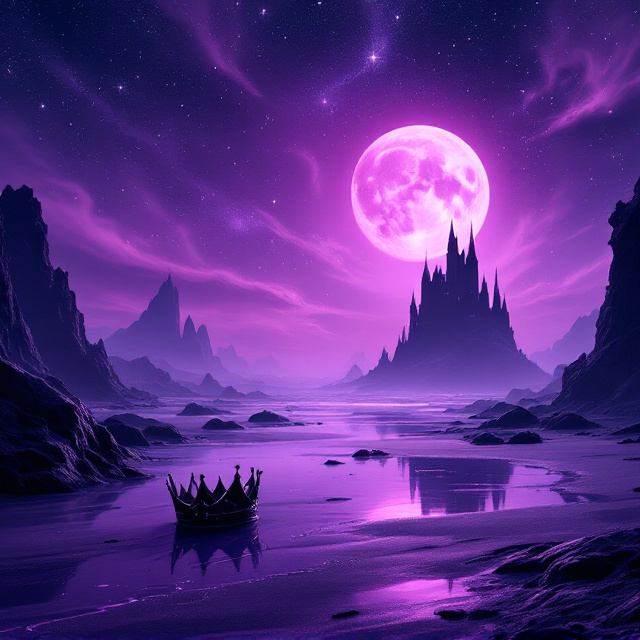 The cover features a mesmerizing purple celestial sky with subtle swirls of galaxy-like hues and stars stretching across the top. A radiant pink moon dominates the upper-right corner, casting a soft glow over the landscape. Below is a surreal purple beach that flows into jagged, dark-colored rocks. At the shore’s edge lies a black crown that appears fallen and forgotten, reflecting onto the wet surface of the sand. In the distance, barely discernible, is a menacing silhouette of a gothic vampire castle perched on rugged rocks. The overall mood conveys a blend of magical awe and deep conflict.