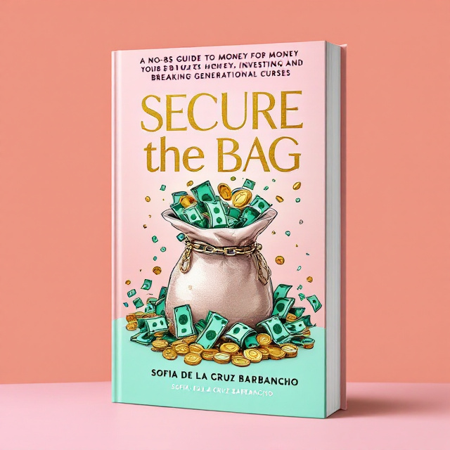 A central illustration of a chic, modern, and slightly abstract bag filled with money spilling out in vibrant hues like gold, emerald green, and soft pink. Around the bag, there are subtle images of coins, investment graphs, and symbolic breaking chains to represent "breaking generational curses". The background features a gradient that transitions from a soft blush pink at the bottom to a radiant orange-gold at the top, creating a warm and uplifting feel. The edges of the cover are embellished with ornate but minimalistic line art to give the composition an aesthetic and feminine touch.
