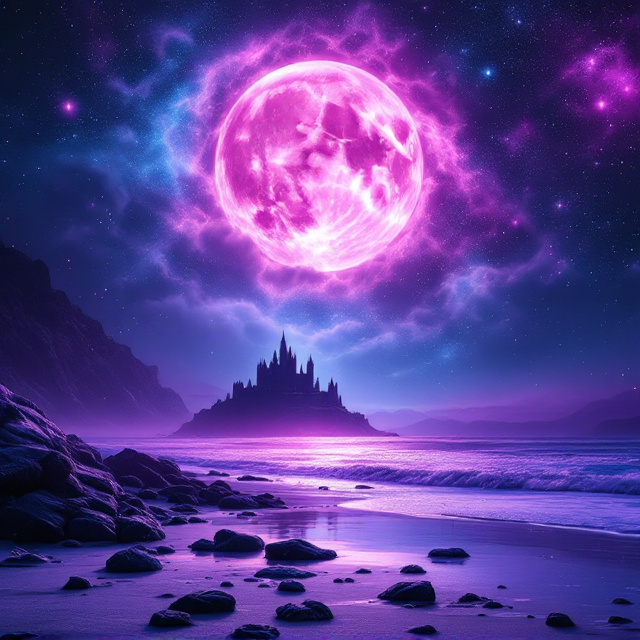 An enchanting celestial sky dominates, swirling with galaxy hues of deep purples, blues, and shimmering whites. The lower portion reveals a purple beach with scattered rocks glistening under the subtle light of a majestic pink moon. At the end of the beach, a silhouetted castle emerges, its turrets piercing through the mystical clouds. Near the foreground, a fallen crown catches a gentle beam of moonlight, hinting at past glory and lingering conflict. Wispy pink clouds encircle the moon, adding a touch of magical allure and intrigue.