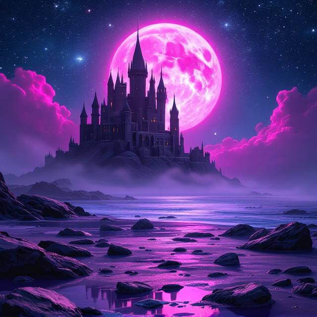 A mesmerizing cosmic scene unfolds with a dark, galaxy-infused sky at the top, sprinkled with stars, blending beautifully into the soft purples and pinks of a mystical shoreline. In the lower third, a purple beach appears where the scattered rocks lead to a glistening fallen crown, evoking a sense of loss and power. The silhouetted castle stands impressively in the misty background, its turrets dark against the pink moon that majestically dominates the sky, encased in delicate pink clouds suggestive of magic and conflict.