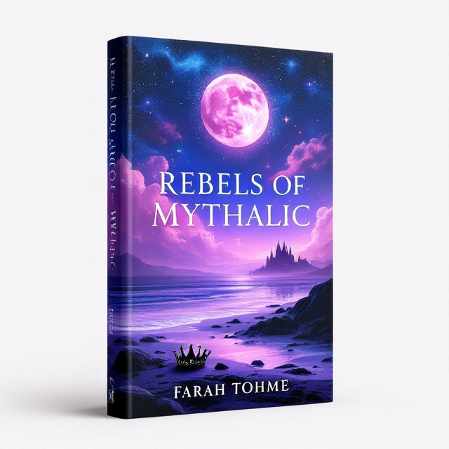 The cover showcases a mesmerizing celestial scene. At the top, a vast and ethereal sky with swirling galaxy hues of dark blues, purples, and pinks envelops the horizon. Below, a purple beach stretches across the cover, with gentle waves washing over the scattered rocks. A black crown lies glinting on the rocks, hinting at fallen royalty. In the distance, a silhouette castle, shrouded in mystery, rises against the horizon. Above, a majestic pink moon surrounded by ethereal pink clouds hints at magical conflict and draws the eye upward.