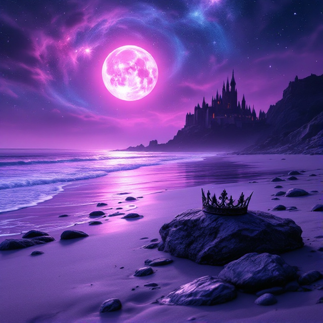 Wide purple beach with detailed rocks on the sandy shore. A black crown resting prominently on one of the rocks. At the far end of the shore, a silhouette of a grand castle can be seen. The sky is celestial with vivid swirling stars and a large pink moon illuminating the scene.