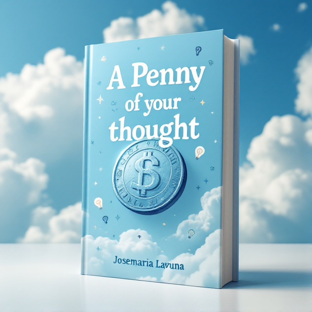 The cover features a large, radiant blue penny suspended in mid-air against a bright sky with fluffy white clouds. Surrounding the penny are small, whimsical doodles like lightbulbs and stars, signifying ideas. The overall look is playful yet sophisticated.