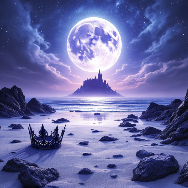 A celestial purple beach stretches across the foreground, adorned with sharp, jagged rocks scattered across soft white sand. A black crown lies solemnly on one of the foreground rocks to the left. In the distance, a silhouette of an imposing, ancient castle looms where the shore meets the horizon. Above, a vast celestial sky dominates with swirling silver clouds that encircle a massive silver moon, its reflections shimmering across the water. The texture of the beach is detailed, with light shining and shadowing enhancing the realism.