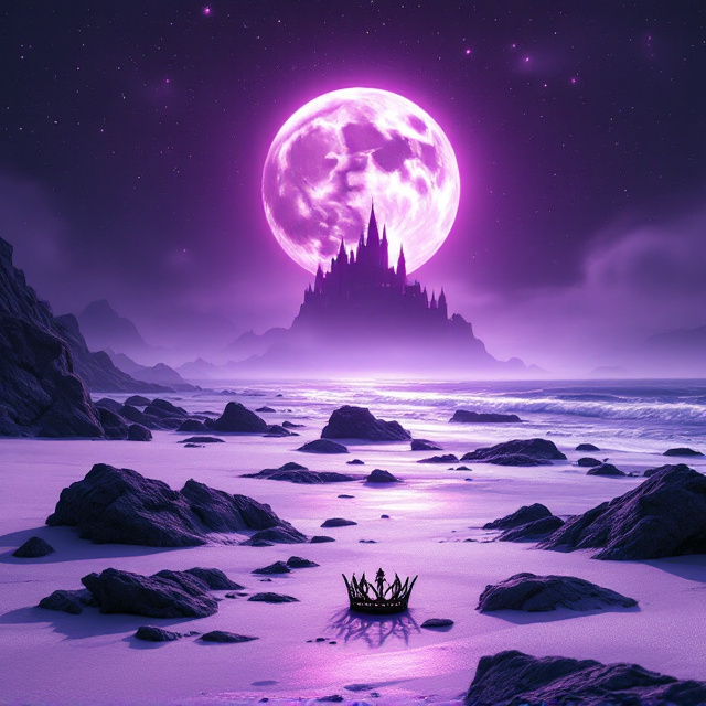 A wide expanse of a purple beach stretches across the cover, with luminous white sand and jagged rocks scattered along the shore. Nestled atop one of these rocks is a solitary black crown, symbolizing power and fallen rebellion. In the distance, a silhouette castle looms mystically at the shore's end, half shrouded in mist. The sky is a celestial galaxy, with a majestic maroon moon casting an ethereal glow that highlights the beach and the castle.