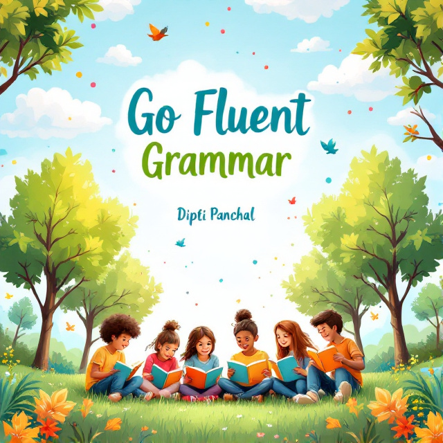A vibrant cover featuring fluffy white clouds scattered across a light blue sky, with colorful polka dots interspersed among them. In the foreground, a diverse group of children are joyfully sitting on the grass with open books, surrounded by tall, leafy trees. Birds are seen flying gracefully among the clouds, creating a playful and whimsical atmosphere.