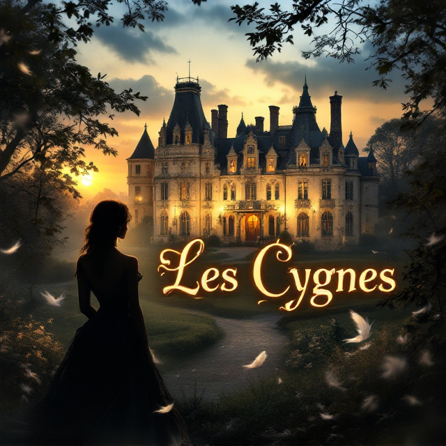A grand, slightly weathered French manor with intricate details stands prominently as the centerpiece, bathed in the soft, golden glow of the setting sun. In the foreground, a silhouette of a mysterious woman in an elegant dress gazes toward the manor from the shadows, suggesting longing and secrecy. In the background, faint hints of dark clouds swirl, whispering themes of vengeance and unease. A subtle overlay of translucent swan feathers is scattered lightly across the cover, adding texture and intrigue.