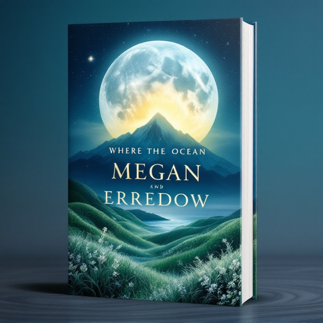 A luminous full moon takes center stage, nestled behind a jagged mountain range silhouetted against the moonlight. The foreground captures a lush meadow with gentle, flowing waves of grass angled towards the reader’s point of view. The ocean calmly approaches the meadow, creating a surreal transition from land to sea. The overall color palette fuses silvery moonlight with deep blues, greens, and ethereal white accents.