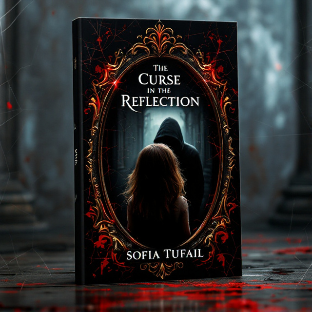 The cover features a dimly lit room with the dominant colors being black and red. In the center, a little girl with brown hair is eerily staring into an ornate, antique mirror. Instead of her own reflection, the mirror reveals a shadowy figure of a man in a black hoodie. The background is blurred, adding focus to the mirror and its unsettling reflection. Additional details, like cracking glass symmetrically around the mirror edges, enhance the eerie ambiance.