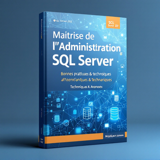 The cover features a dynamic blue background with a network-like pattern symbolizing technology. Overlapping this, there are semi-transparent icons of databases and SQL Server, creating a layered, modern effect. To further enhance the technological theme, a subtle screenshot of SQL Server Management Studio (SSMS) is integrated into the background. The SQL Server 2022 logo is prominently placed near the top-right corner, giving it a focal point, while maintaining harmony with the other elements.