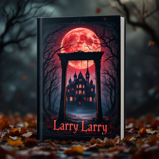 The cover features an old, decrepit mansion surrounded by eerie shadows cast by twisted trees under a blood-red moon. The ground is strewn with autumn leaves in dark, rustic shades, and a flickering guillotine silhouette stands ominously in the foreground, its menacing figure highlighted by the moonlight. The Quinn family name etched on the iron blade, subtly reflecting hints of mist.