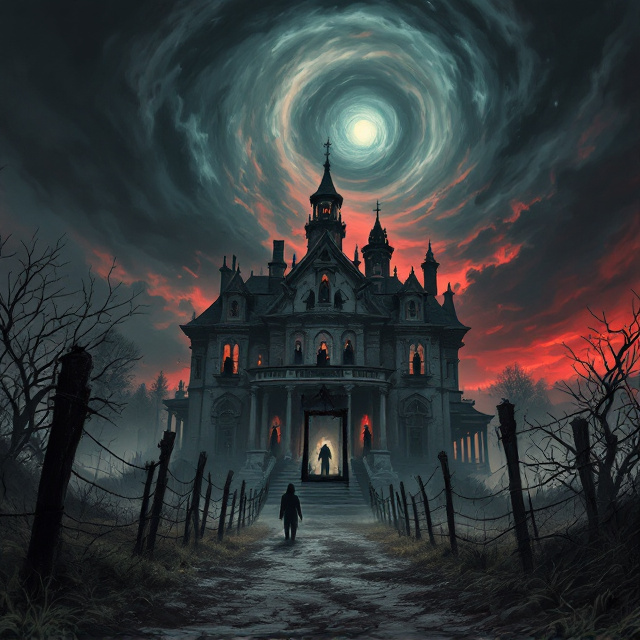 An eerie illustration of a grand, weathered mansion with silhouetted figures peering from dark windows. In the foreground, an intricate guillotine casts a shadow, accompanied by the ghostly figure of Howey the werewolf. The sky is a stormy swirl of blacks and reds, setting a sinister tone against the haunting presence of the mansion. This scene is bordered by decaying fence posts, encircling a cowboy town visible through a swirling time vortex.